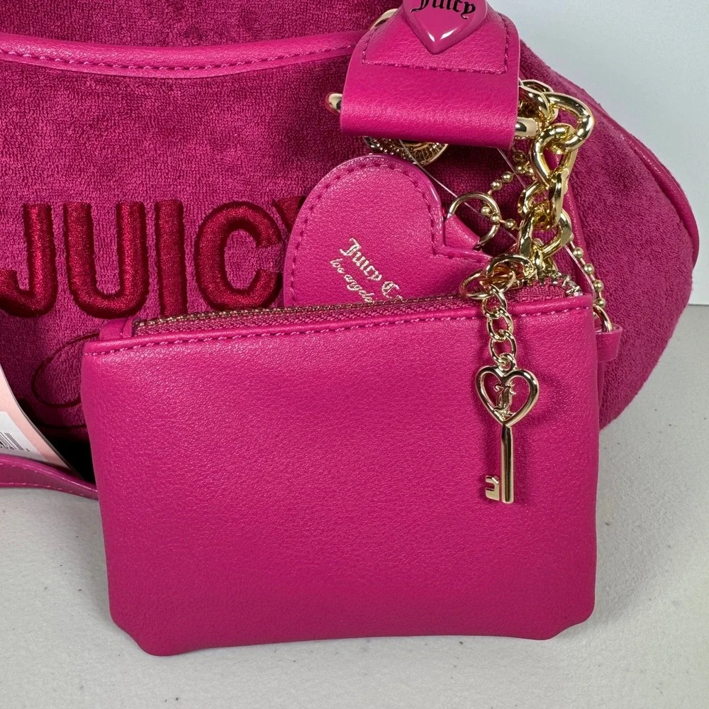 Juicy Couture Angel Velour Bowler Bag Pink Heart Charm Crossbody Tart Satchel